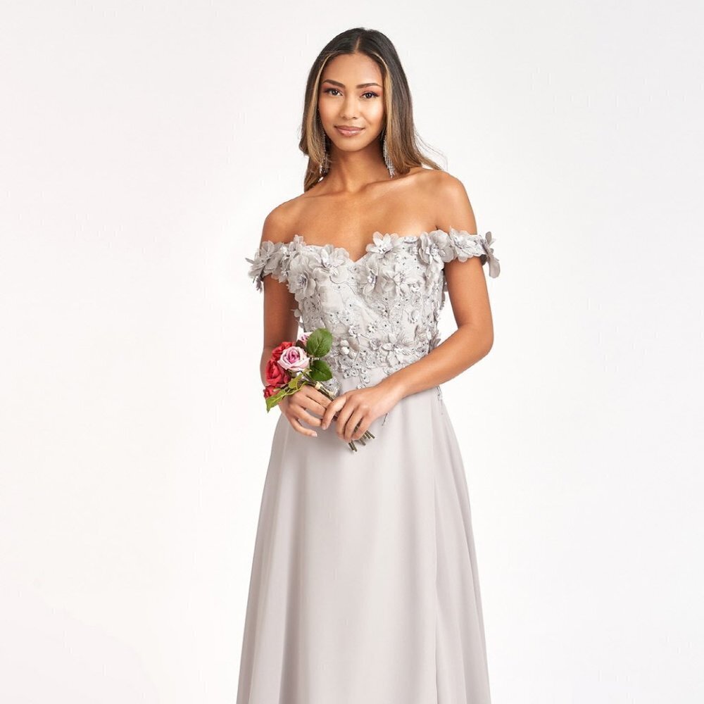 NEW SILVER CHIFFON OFF THE SHOULDER LONG A-LINE DRESS WITH ZIPPER BACK GL3018